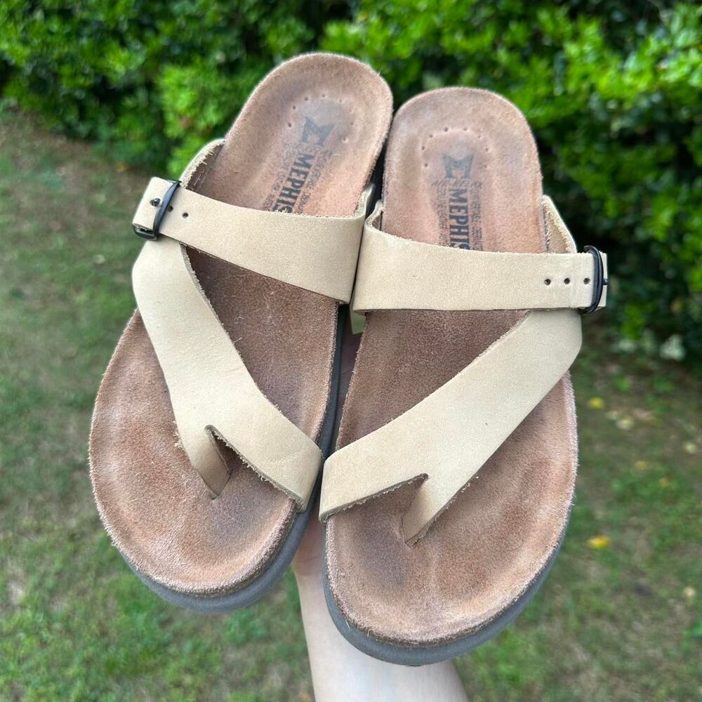 Mephisto Beige Cork Leather Sandals Women's